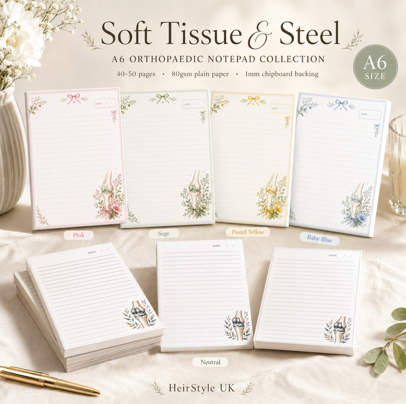 Soft Tissue and Steel A6 orthopaedic notepad for healthcare teams