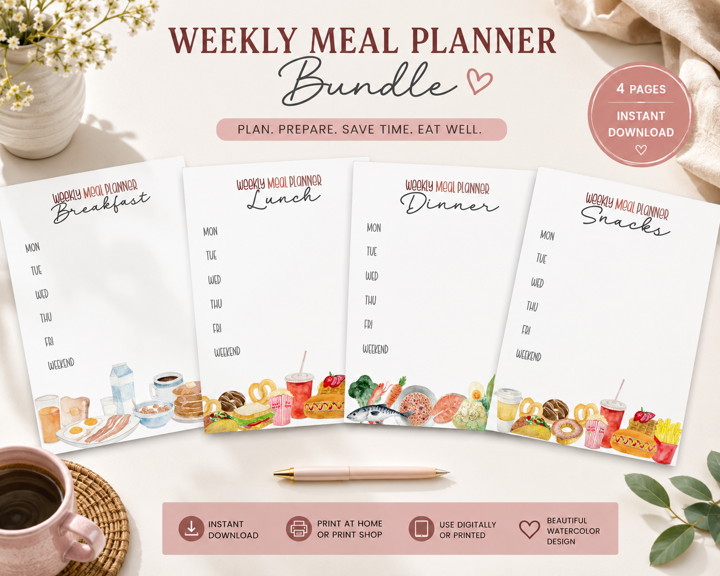 Weekly meal planner printable PDF bundle