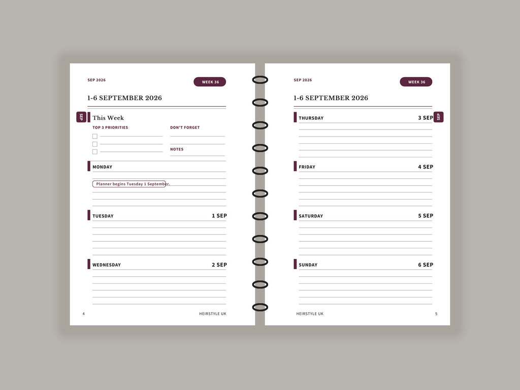 Inside weekly spread of the Black Steel A5 and A6 week-to-view planner for 1–6 September 2026