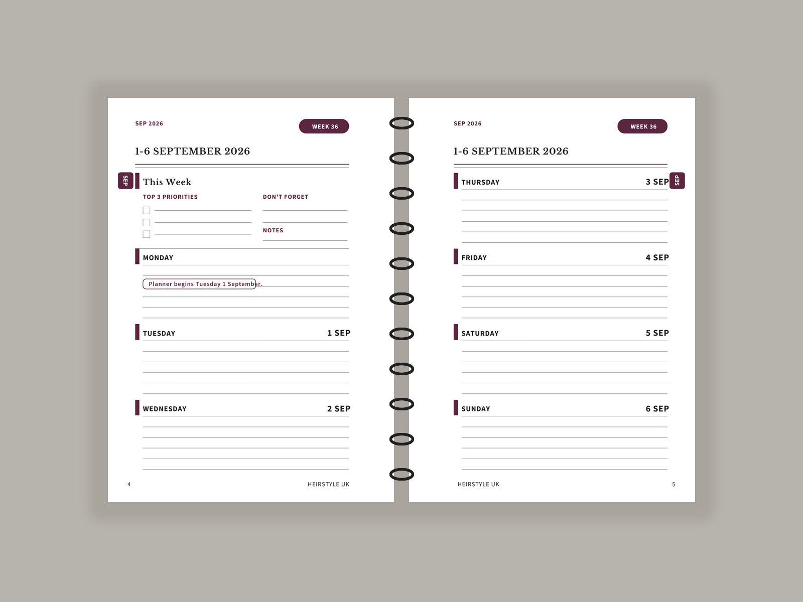 Inside weekly spread of the Black Steel A5 and A6 week-to-view planner for 1–6 September 2026