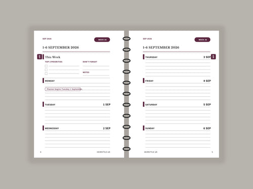 Inside weekly spread of the Black Steel A5 and A6 week-to-view planner for 1–6 September 2026